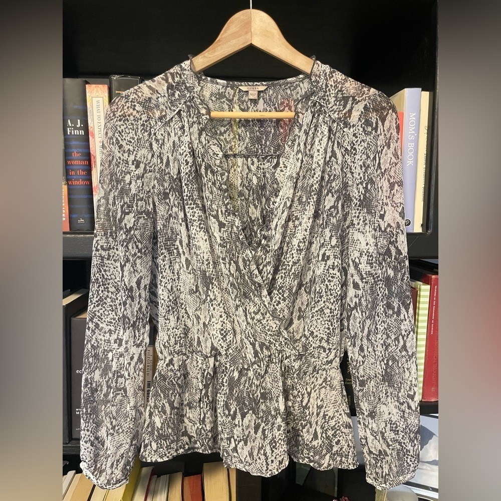 Guess semi sheer, faux wrap Long Sleeve Peplum top size S
